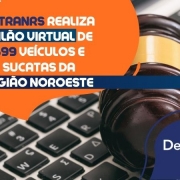 card com recorte de foto de laptop prateado, com algumas teclas aparecendo ao fundo e sobre elas um martelo de arremate de leilão. no texto, a data 12.02 e os dizeres detranrs realiza leilão virtual de veículos e sucatas da região noroeste.