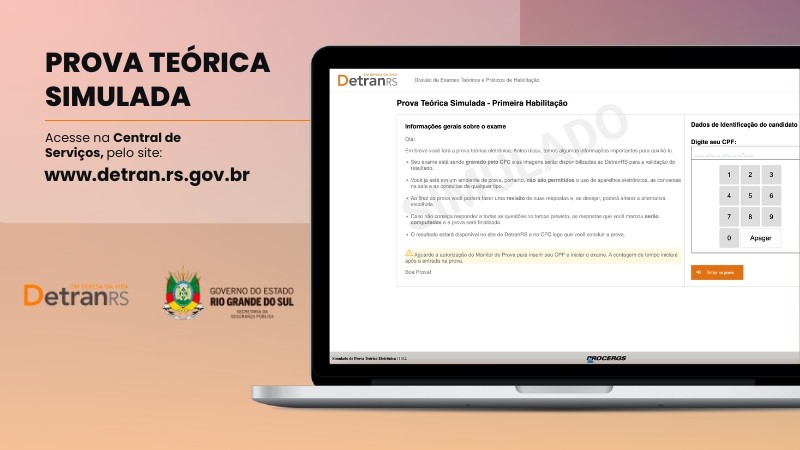 Card ilustrativo com o texto "prova teórica simulada" que mostra um laptop aberto, onde na tela está a página inicial do simulado do site do DetranRS